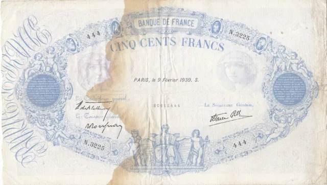 Billet 500 F Bleu et Rose du 9-2-1939 FAY 31.25 Alph. N.3225 - 1 seul épinglage