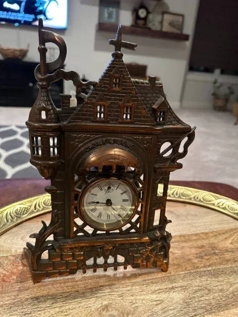 old vintage cast metal  castle shelf  MANTLE Novelty clock.