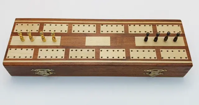 Beautiful Inlay Hardwood Cribbage Board Wooden Box Storage w/ 8 Metal Pegs