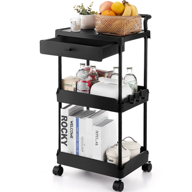 Basics Chariot de Rangement à 3 Niveaux Desserte sur Roulettes Étagère de Rangement Métal