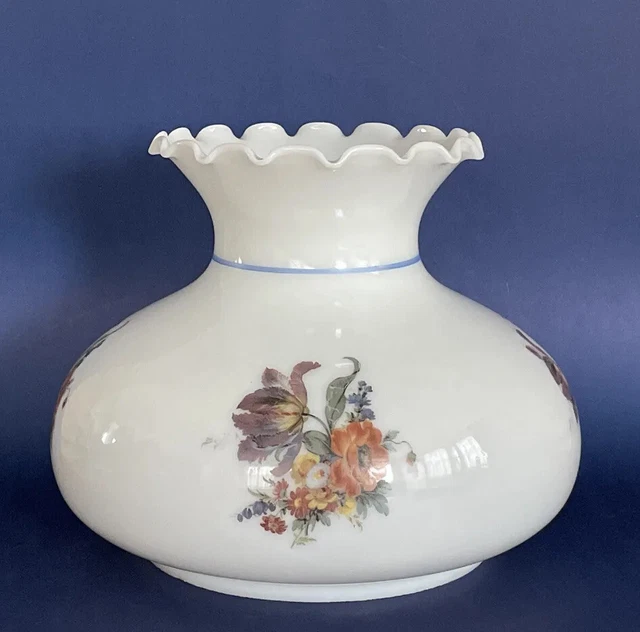 Vintage GWTW 7” Blue Band Fancy Floral Hurricane Oil / Electric Glass Lamp Shade
