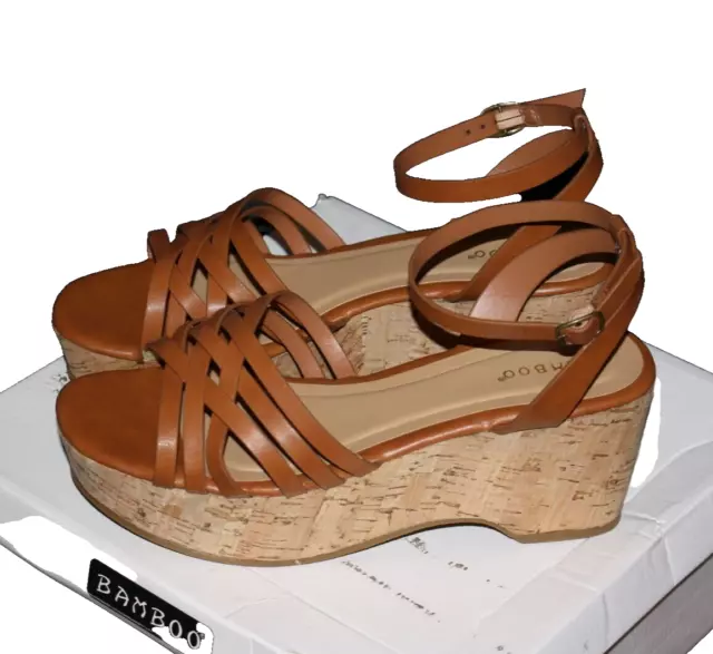 Bamboo Women Brown Camel Tan Sandals US 8.5 Platform Cork Ankle Strap NEW NIB 2