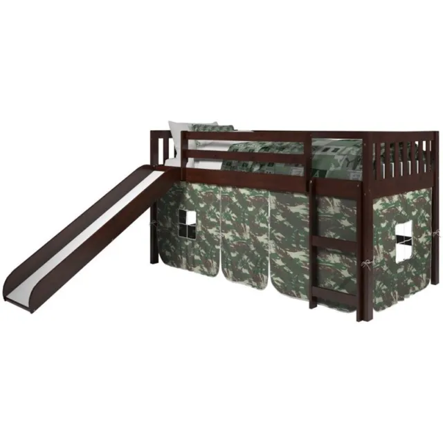 Donco Kids Twin Solid Wood Mission Low Loft Bed with Camo Tent in Cappuccino