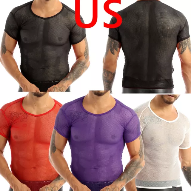 Sexy Mens Mesh Fishnet Sheer Arm Sleeves Shrug Crop Top T-shirt Clubwear  Costume