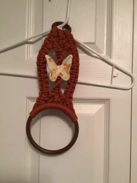 Vtg 1970s Macrame Towel Holder Butterfly Wall Hanging Brown/Orange
