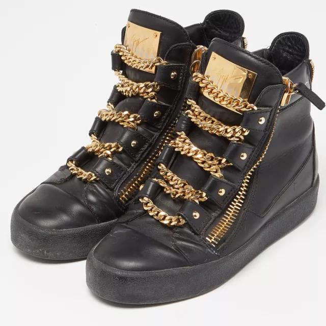 Giuseppe Zanotti Black Leather London Birel Chain Embellished High Top Sneakers 2