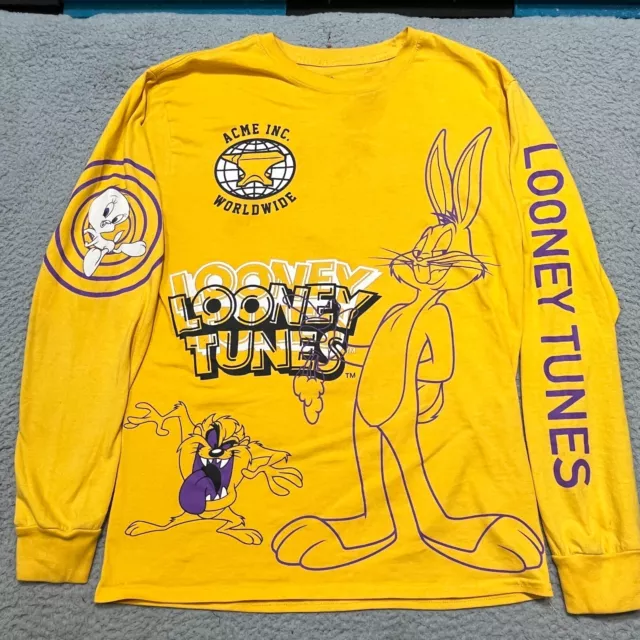 LOONEY TUNES T Shirt Mens Medium Yellow Bugs Bunny Taz Tweety All Over ...
