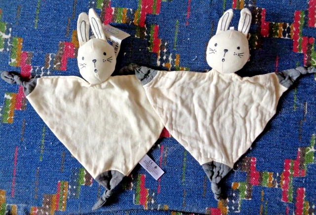 Np/ Lot De 2 Doudou Plat Simba Kiabi Lapin  Lange Blanc Ecru Gris  Kom 9+Neuf