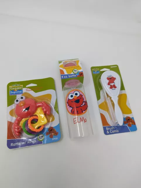 Baby shower Infant gift set: Sesame Street Elmo Bottle + Rattle + Brush & Comb