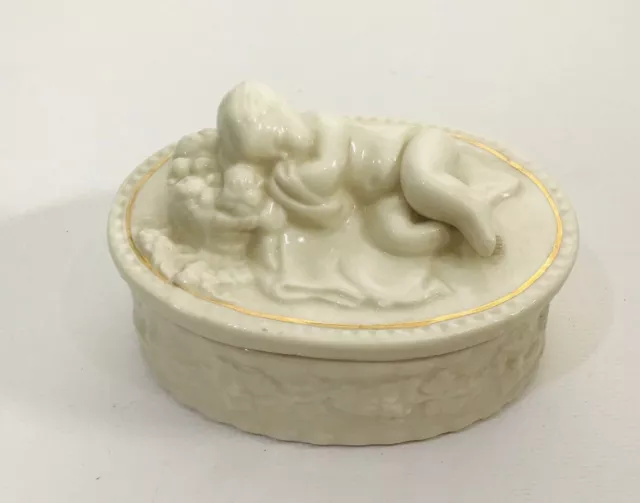 Belleek Gilded Cherub Trinket Box Oval Sleeping Baby White