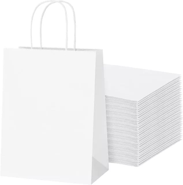 25 Paper Shopping Bags White Kraft 10" x 5 x 13" Retail Merchandise Handles