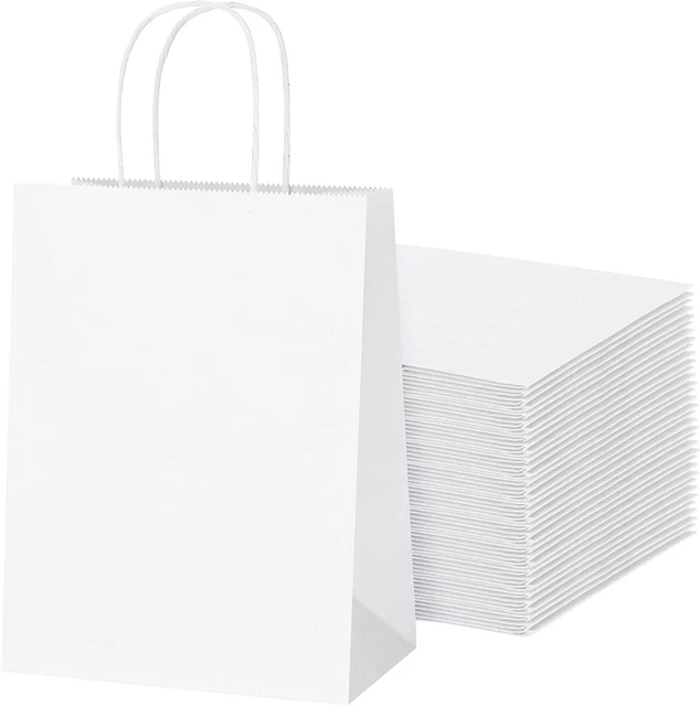 50 Paper Shopping Bags White Kraft 10" x 5 x 13" Retail Merchandise Handles