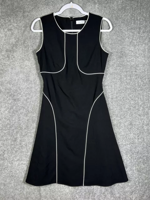 Calvin Klein Sleeveless Fit & Flare Dress Womens Size 4 Stretch Black White Trim