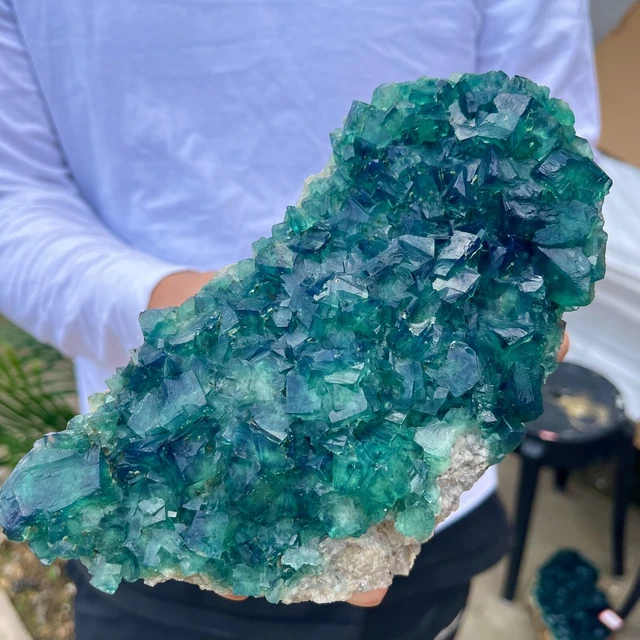 2.75lb Natural green cubic fluorite quartz crystal cluster mineral specimen