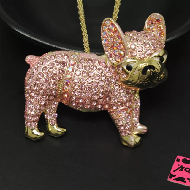 Betsey Johnson Pink Rhinestone Bling Cute Pug Dog Crystal Pendant Chain Necklace