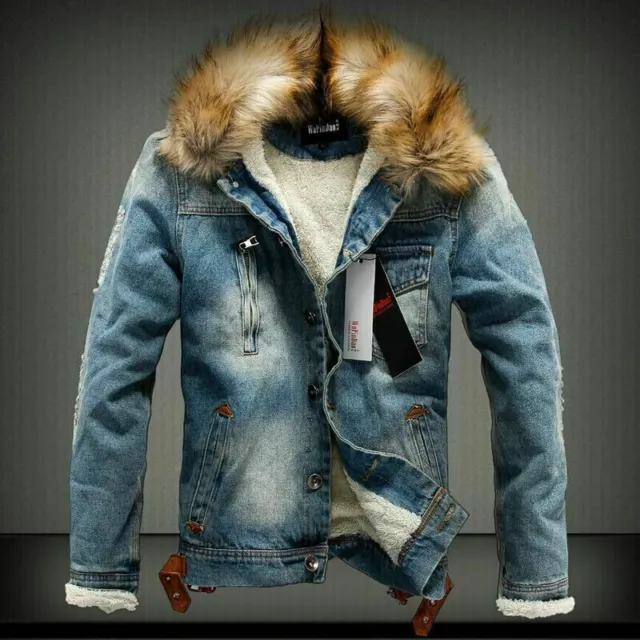 Men's Winter Warm Fur Collar Denim Jacket Fleece Thick Padded Coat Outwear Parka