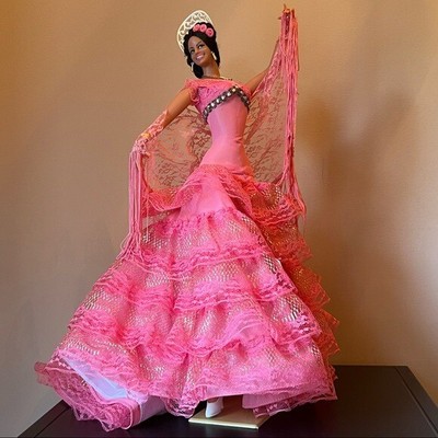 Vintage Spanish Chiclana Flamenco Dancer Doll Pink Cascading Long Dress 18