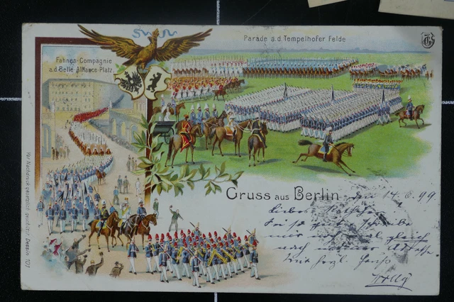 Litho Gruß aus Berlin 1899 gelaufen Parade Tempelhof  Pferde Soldaten Adler