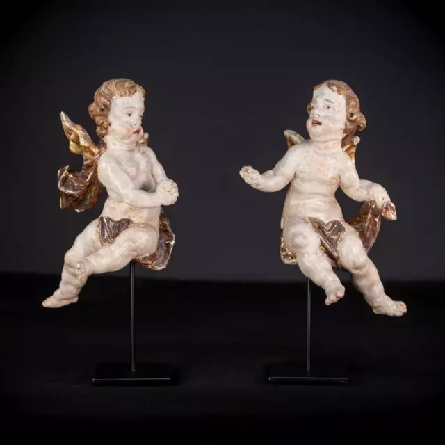 Barocco Angeli Scultura Paio 1700s Antico Alato Putto Angioletto Legno Cherubino