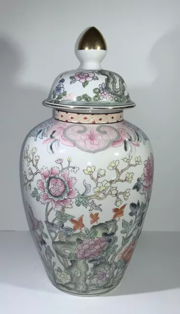 Large Vintage Chinese Famille Rose Floral Porcelain Vase Ginger Jar & Lid 16”