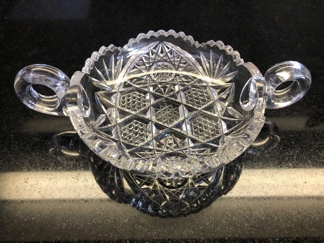 Vintage American Brilliant Cut Glass Crystal Sugar Bowl Sawtooth Edge 2 Handles