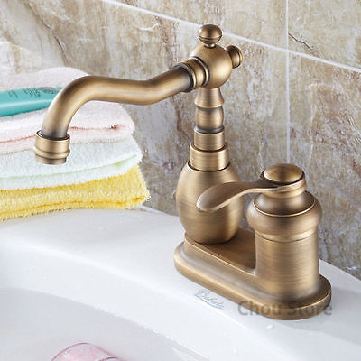 Traditional Two Hole Sink Faucet Antique Brass Swivel Sink Mixer Tap One Handle