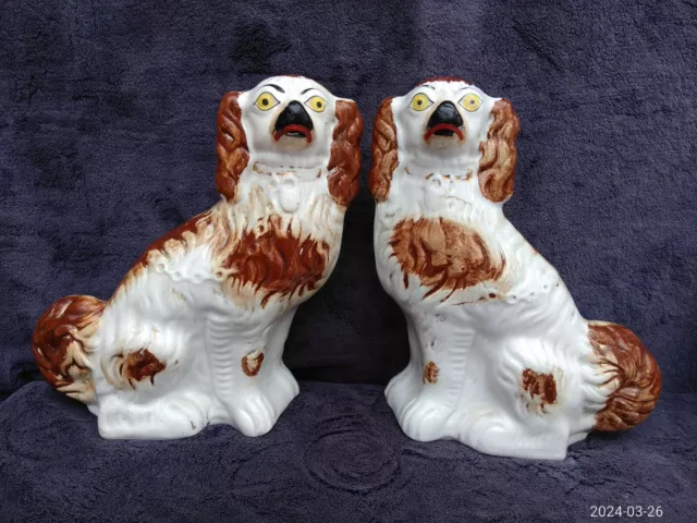 Large 11" Pair (GOOD CONDITION) Genuine C19th Staffordshire Mantle Spaniel Dogs