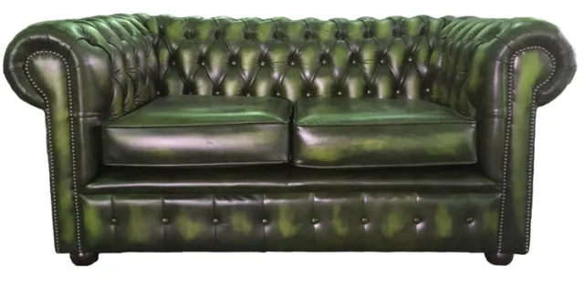 Chesterfield London 100% Genuine Leather Two Seater Sofa Antique Green UK Made