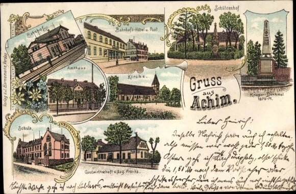 Litho Achim bei Bremen, Schützenhof, Kriegerdenkmal,... - 3117952