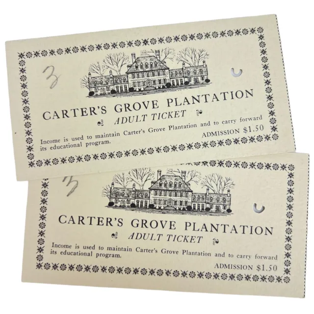 2 Vintage 1960’S Carter’S Grove Plantation Biglietti Williamsburg, Virginia
