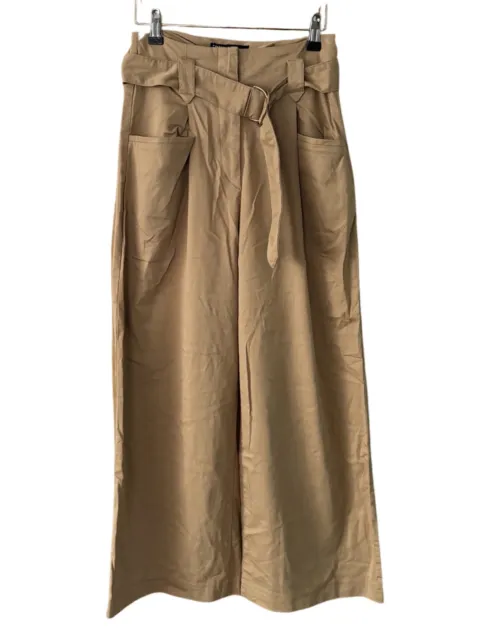 ZARA tan brown high waist 70’s style belted wide leg capri trousers size S 8 10