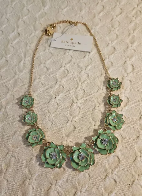 NWT Kate Spade Green Enamel Floral Necklace With Rhinestones 13"-16"