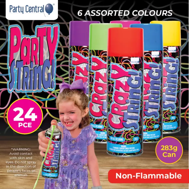 Party Central 24PCE Silly String Assorted Colours Non-Flammable 283g 2