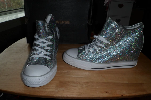 GORGEOUS LADIES GLITTERY Silver Converse Hi Tops Trainers Size 7 Bnib New 89.99 PicClick UK