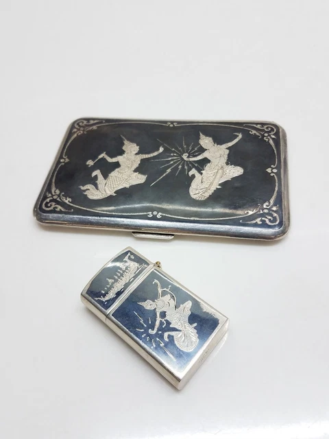 Sterling Silver Siam Nielloware Dancing Goddess Cigarette Case & Empty Lighter