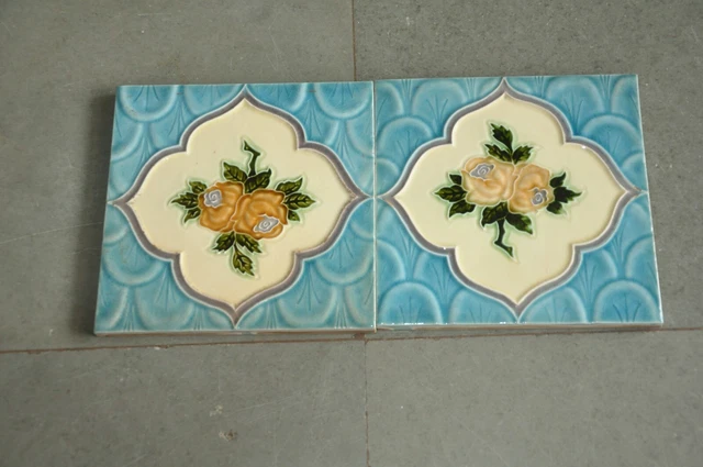 2 Pc Vintage Rose Flower Embossed Art Nouveau Architecture Tiles,Japan