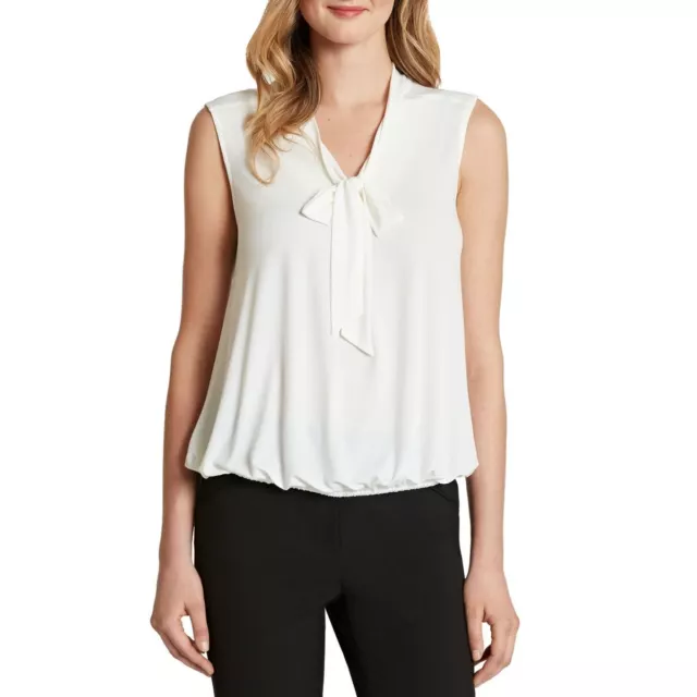 TAHARI ASL NEW Women's Ivory Petite Tie-neck Jersey Blouse Shirt Top PXS TEDO