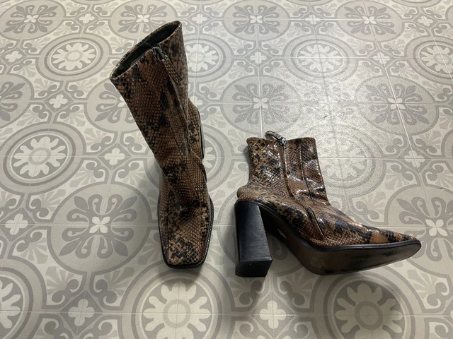 TOPSHOP BROWN SNAKE python pattern leather block heels ankle boots UK 4 ...