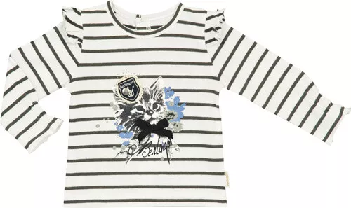 BERLINGOT Baby Girl Grey & white stripe long sleeve top with cat image & logo12m