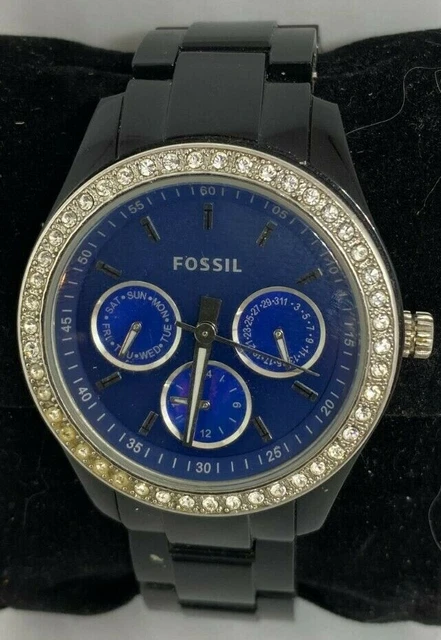 Fossil Watch Es2827 Crystal Accent Black Band Steel Case Multifunction blue face