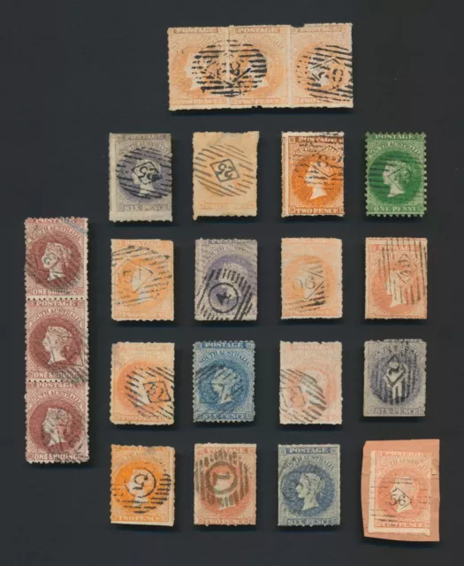 SOUTH AUSTRALIA STAMPS 1858-1872 QV CHALON HEADS w BOXED TOWN NUMERAL POSTMARKS