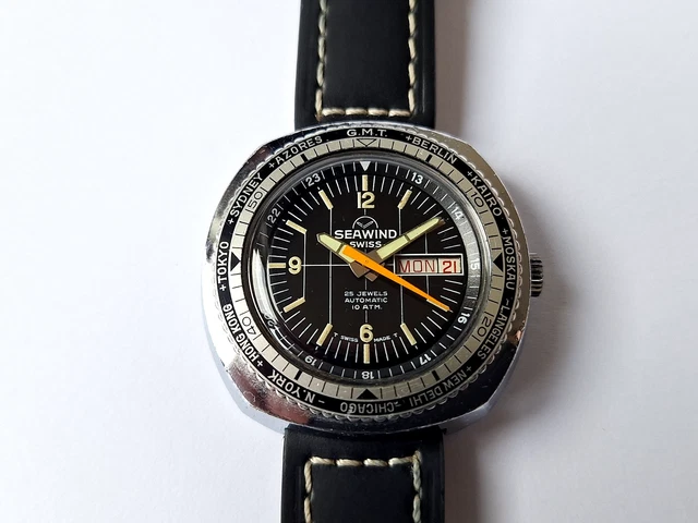 VINTAGE BULER SEAWIND men's watch, 1970s SWISS AUTOMATIC DIVER 10 ATM ...