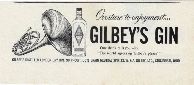 1956 Gilbey's Gin Print Ad London Dry Gin French Horn ~Fa035
