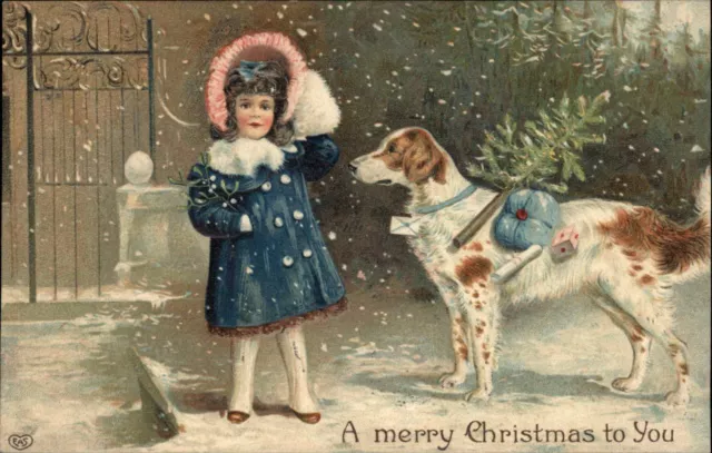 EAS Christmas Little Girl with Pointer Setter Type Dog c1910 Vintage Postcard