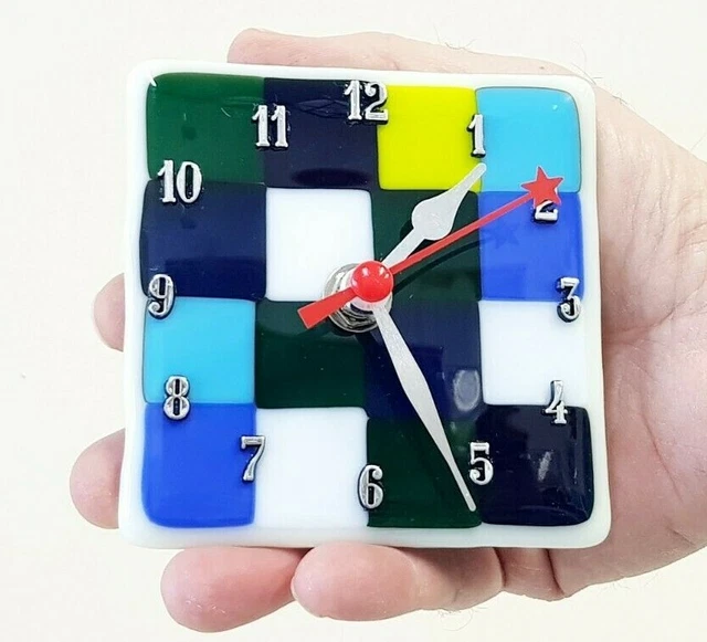 Silent Glass Wall Hanging Clock, Desk Clock 3.7" Mosaic Glass, Housewarming Gift