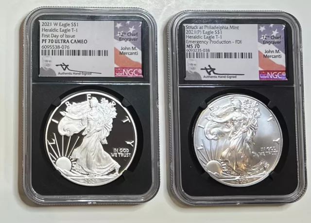 2021 Set of 2 American Silver Eagles Type 1 NGC Highest Perfect 70 Set SIGNED !!