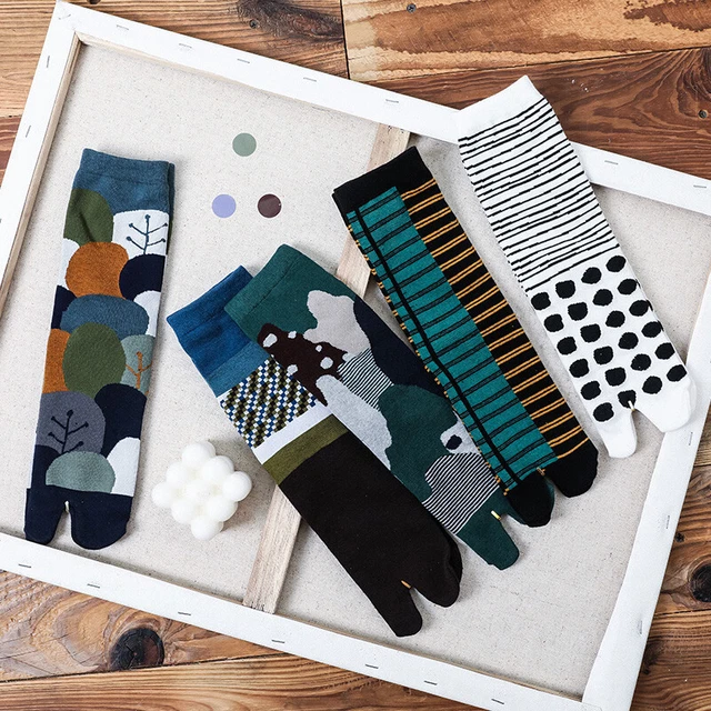 Japonais 4Pairs Hommes Tabi Chaussettes Collants Pointillé Split Rayé Deux Bout