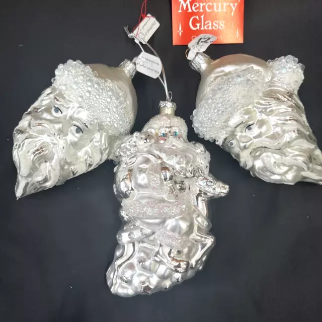 3 Department 56 Oversized Mercury Glass Ornament Santa White Silver Hand Painted