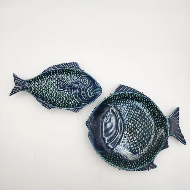 2X Vintage Olfaire Majolica Fish Plate Mixed Lot made in Portugal EUC unique MCM