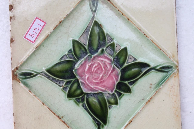 Antique Rose Flower Engrave Nouveau Art Majolica Ceramic Tiles Japan Made NH3131 3